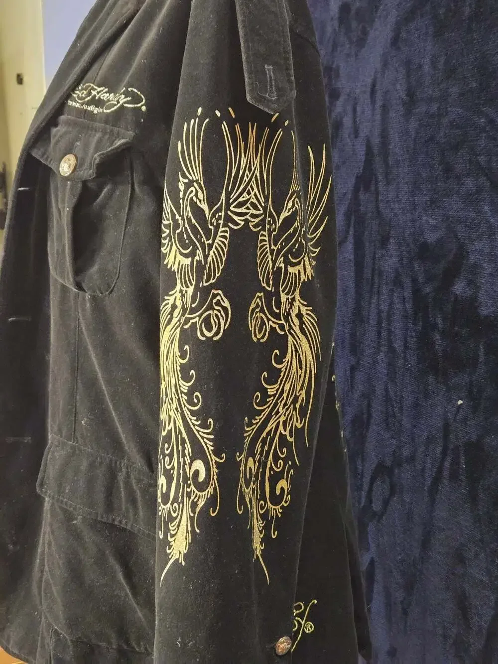 Ed Hardy By Christian Audigier Men's Embroidered Black Velvet Jacket